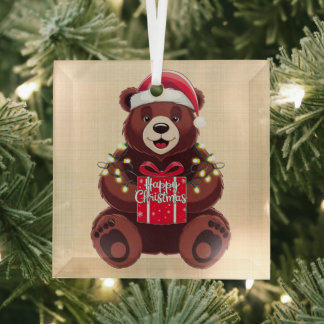 Adorno De Cristal Ours de Noël avec Cadeau et Lumières
