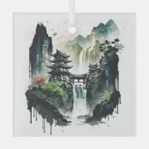 Adorno De Cristal Paisaje antiguo de la tinta china con cascada