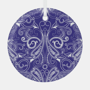 Adorno De Cristal Paisley monocromo: azul, elegancia blanca.