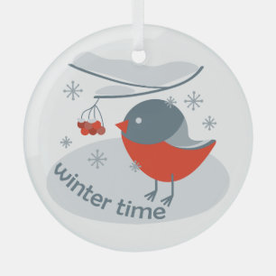 Adorno De Cristal Pájaro bullfinch de invierno y bayas rojas