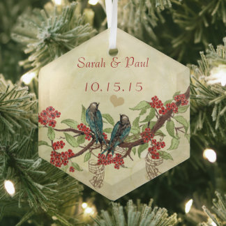 Adorno De Cristal Pájaro rojo vintage Save the Date Damask Brown Not
