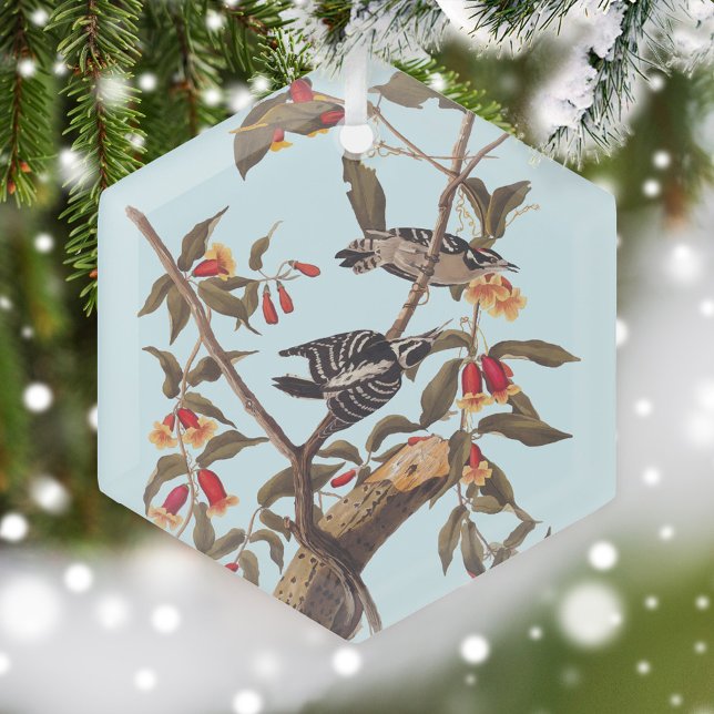 Adorno De Cristal Pareja Audubon Downy Woodpecker con flores (Audubon Downy Woodpecker Glass Ornament on snow covered Christmas tree)
