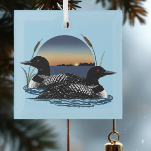 Adorno De Cristal Pareja de somormujos Lago Azul al Atardecer Fauna