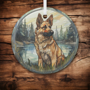 Adorno De Cristal Pastor Alemán de Vidrio Pintado Montaña