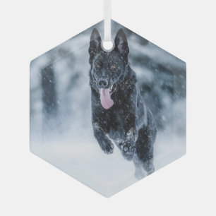 Adorno De Cristal Pastor alemán negro con cubierta de Duvet de nieve