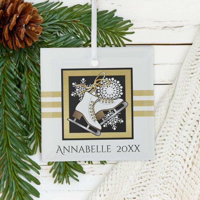 Adorno De Cristal Patinaje sobre hielo blanco negro Purpurina dorado (Subido por el creador)