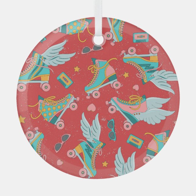 Adorno De Cristal Patines Retro Roller: Fondo Rojo Brillante (Anverso)