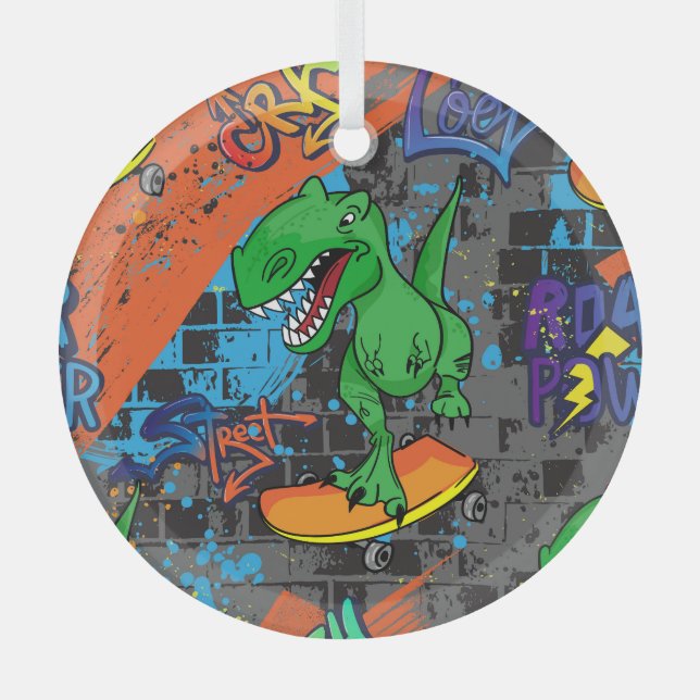 Adorno De Cristal Patrón continuo de monopatín de dinosaurio genial (Anverso)