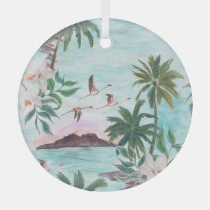 Adorno De Cristal Patrón de acuarela de Flamingo en el paisaje de Ha