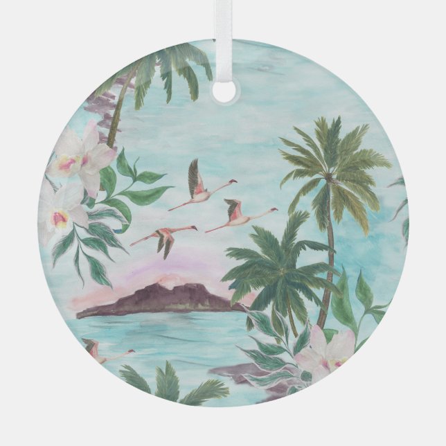 Adorno De Cristal Patrón de acuarela de Flamingo en el paisaje de Ha (Anverso)