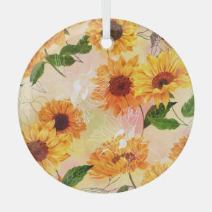 Adorno De Cristal Patrón de acuarela de girasoles amarillos dibujado