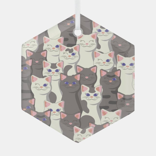 Adorno De Cristal Patrón de gatos blancos y grises (Anverso)