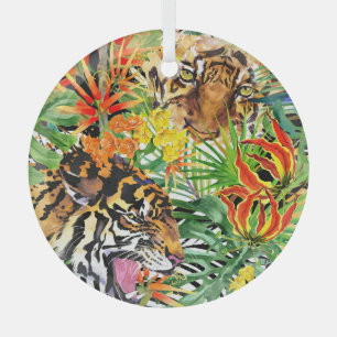 Adorno De Cristal Patrón de jungla acuarela del tigre tropical