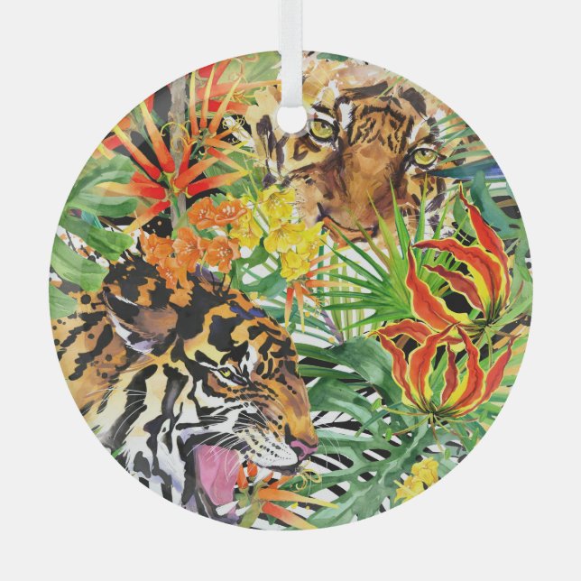 Adorno De Cristal Patrón de jungla acuarela del tigre tropical (Anverso)