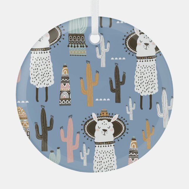 Adorno De Cristal Patrón de Llama, Cactus, Elementos dibujados a man (Anverso)