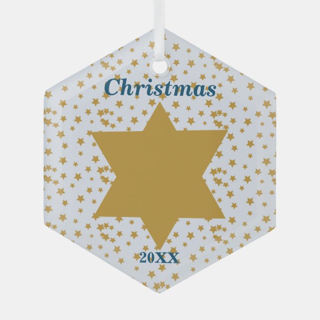 Adorno De Cristal Patrón de oro de estrellas en Navidades azules con (Anverso)