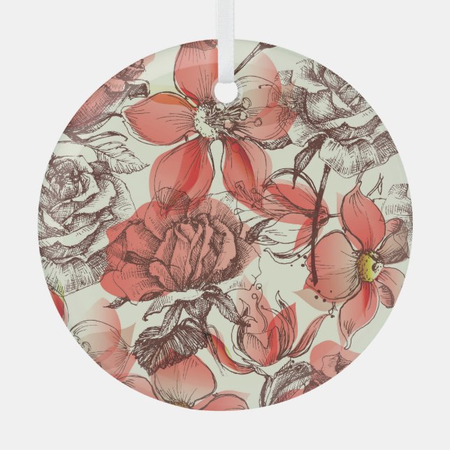 Adorno De Cristal Patrón de rosas rojas estilo retro (Anverso)