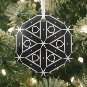Adorno De Cristal Patrón geométrico blanco y plateado negro