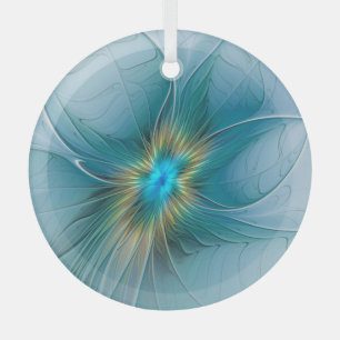 Adorno De Cristal Pequeña belleza arte fractal flor azul moderno oro