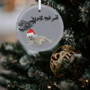 Adorno De Cristal Perro blanco con Sombrero Santa   Sleigh y Reindee