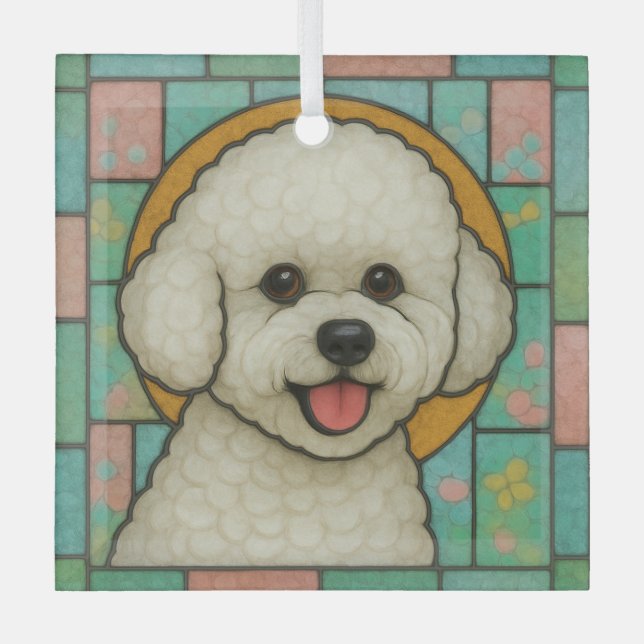 Adorno De Cristal Perro de Bichon Frise "Vidrio Manchado" (Anverso)