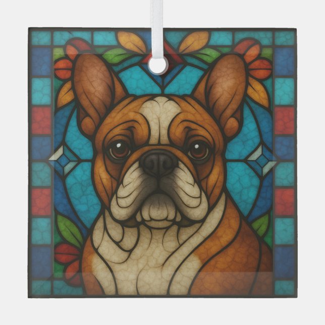 Adorno De Cristal Perro de Bulldog francés Fawn "Vidrio manchado" (Anverso)