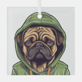 Adorno De Cristal Perro de Pug con capucha verde