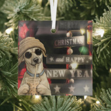 Perro divertido de Navidad bebiendo té de burbujas