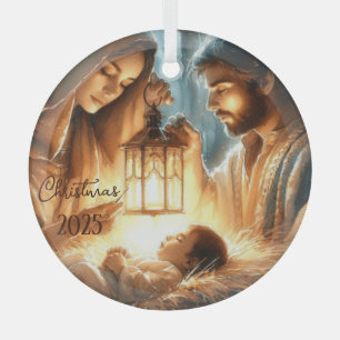 Adorno De Cristal Personaliza María y José vigilando al Niño Jesús