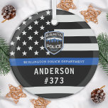 Adorno De Cristal Personalizado del Departamento de Policía Logotipo<br><div class="desc">Delgado Departamento de Policía de la Línea Azul Ornamento de Navidad - Bandera estadounidense con colores de bandera policial, diseño moderno negro y azul. Personalizar con el logo de su departamento, y personalizar con el nombre y número de placa de los oficiales de policía. Este adorno personalizado para la aplicación...</div>