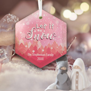 Adorno De Cristal Personalizado Pink Snowy Forest Feliz Navidad