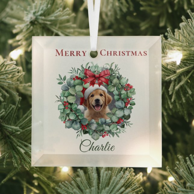 Adorno De Cristal Personalized Pet Christmas with Wreath & Name (in situ)