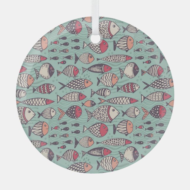 Adorno De Cristal Pescados divertidos: patrón sin costuras dibujado  (Anverso)