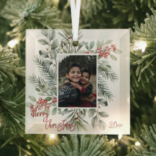 Adorno De Cristal Pine Greenery Holly Foto Roja Feliz Navidad