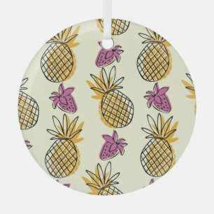 Adorno De Cristal Pintura de piña, diseño textil vintage de fresa.