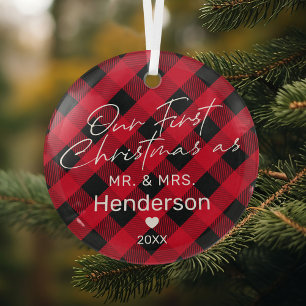 Adorno De Cristal Plaid Red Mr & Mrs First Christmas