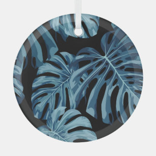 Adorno De Cristal Planta de Monstera: patrón de hojas azules.