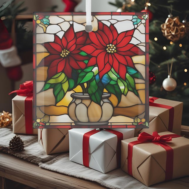 Adorno De Cristal Plantado Poinsettias Faux Stained Glass (Subido por el creador)