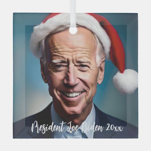 Adorno De Cristal Presidente Joe Biden y Santa Hat (Anverso)