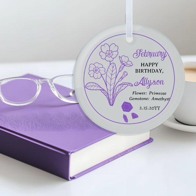 Adorno De Cristal Primario de febrero | Amethyst Birthday Keepsake (February Primrose Floral | Amethyst Gemstone Birthday Keepsake Glass Ornament)