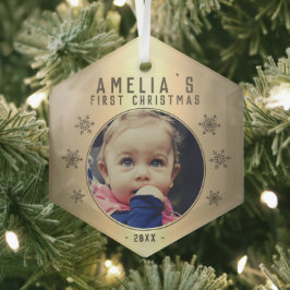 Adorno De Cristal Primer Navidad de Bebe Copo de Nieve Dorado Foto 