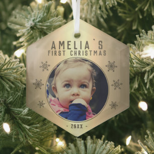 Adorno De Cristal Primer Navidad de Bebe Copo de Nieve Dorado Foto