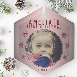 Adorno De Cristal Primer Navidad de Bebe Foto Copo de Nieve Rosa Roj