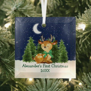 Adorno De Cristal Primer Navidad del bebé Ciervo con lazo de acuarel