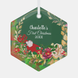 Adorno De Cristal Primer Navidad del bebé durmiendo: corona floral v