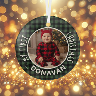 Adorno De Cristal Primer Personalizado navideño verde y negro de vac
