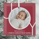 Adorno De Cristal Primera foto navideña del personalizado Baby Boy<br><div class="desc">Este elegante ornamento de fotos navideñas de Baby Boy está decorado con la palabra JOY en un fondo rojo marrón. Personalizable fácil con tu foto,  nombre y año.</div>