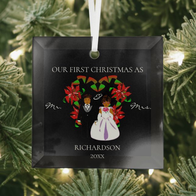Adorno De Cristal Primera Navidad afroamericana como Sr. y Sra. (in situ)