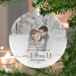 Adorno De Cristal Primera Navidad de Casados Personalizada Foto Gris