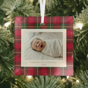 Adorno De Cristal Primera Navidad del Bebé Cuadro de Plaid Rojo Verd